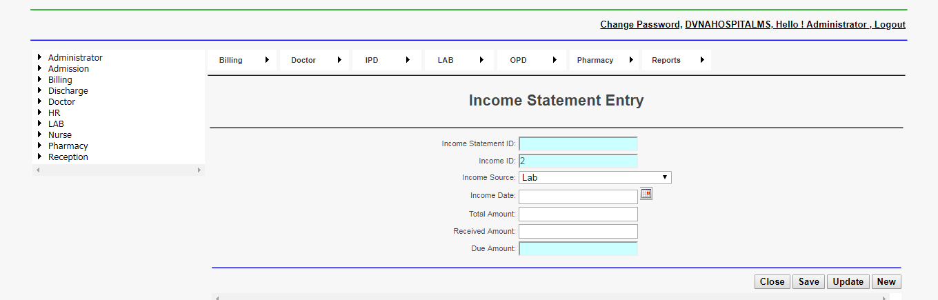 DVNA Hospital Management Software Income Statement Entry